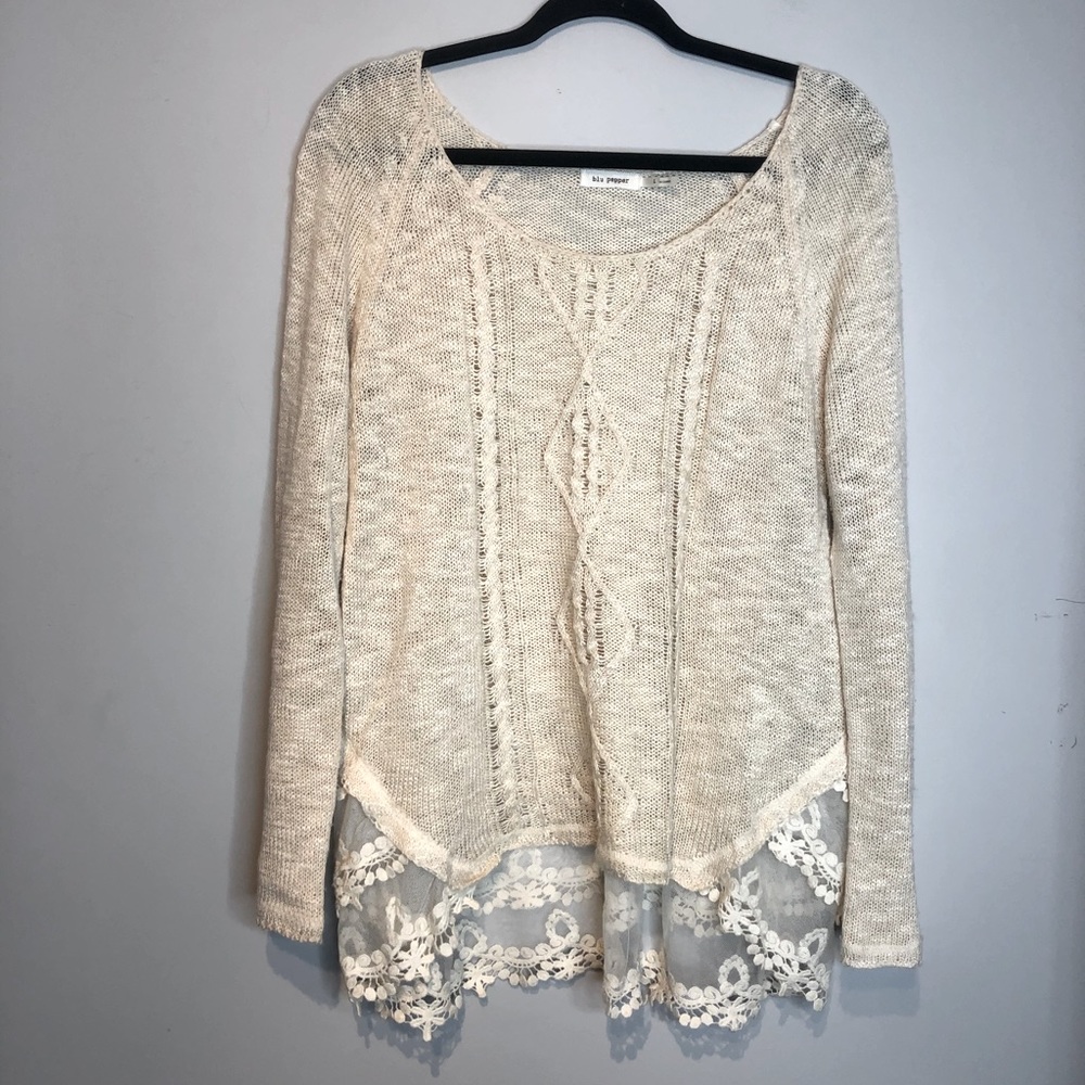 Blu Pepper Lightweight Knit Lace Trim Sweater, size L beige colour